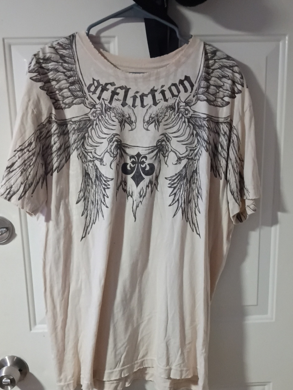 Affliction Cream Short Sleeve Tee with Black Winged Skull Graphic
